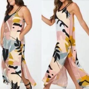 Shebird Savannah Built In Bra Leaf Patterned Side Slit Maxi Dress SZ 3